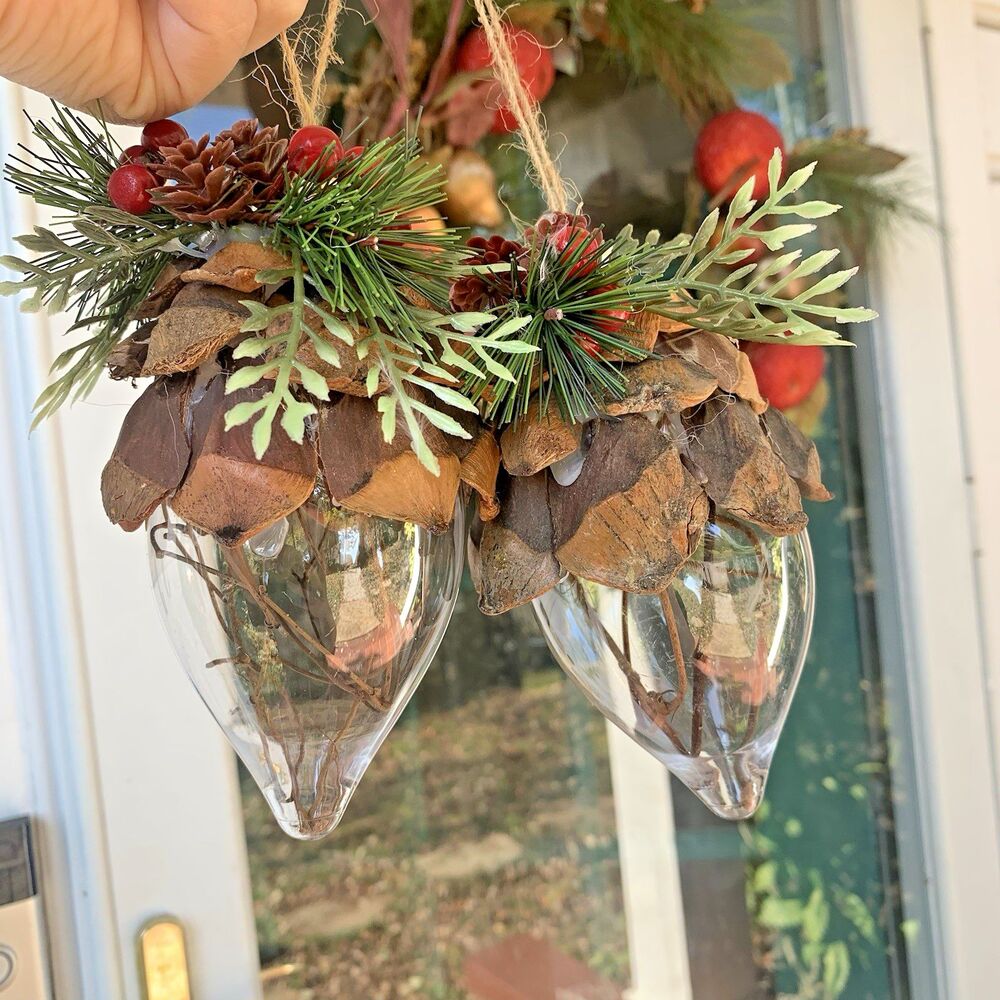 Handmade 5.5" Woodland Frosted Pinecone Berry & Burlap Christmas Ornaments Pair